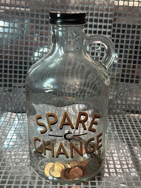 Clear Glass Coin Jar with Black Lid and Gold Lettering